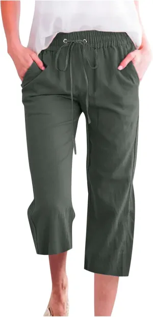 RKSTN Summer Capri Pants for Women Casual Cotton Linen Pants Straight Leg Vacation Beach Crop Pant with Pockets
