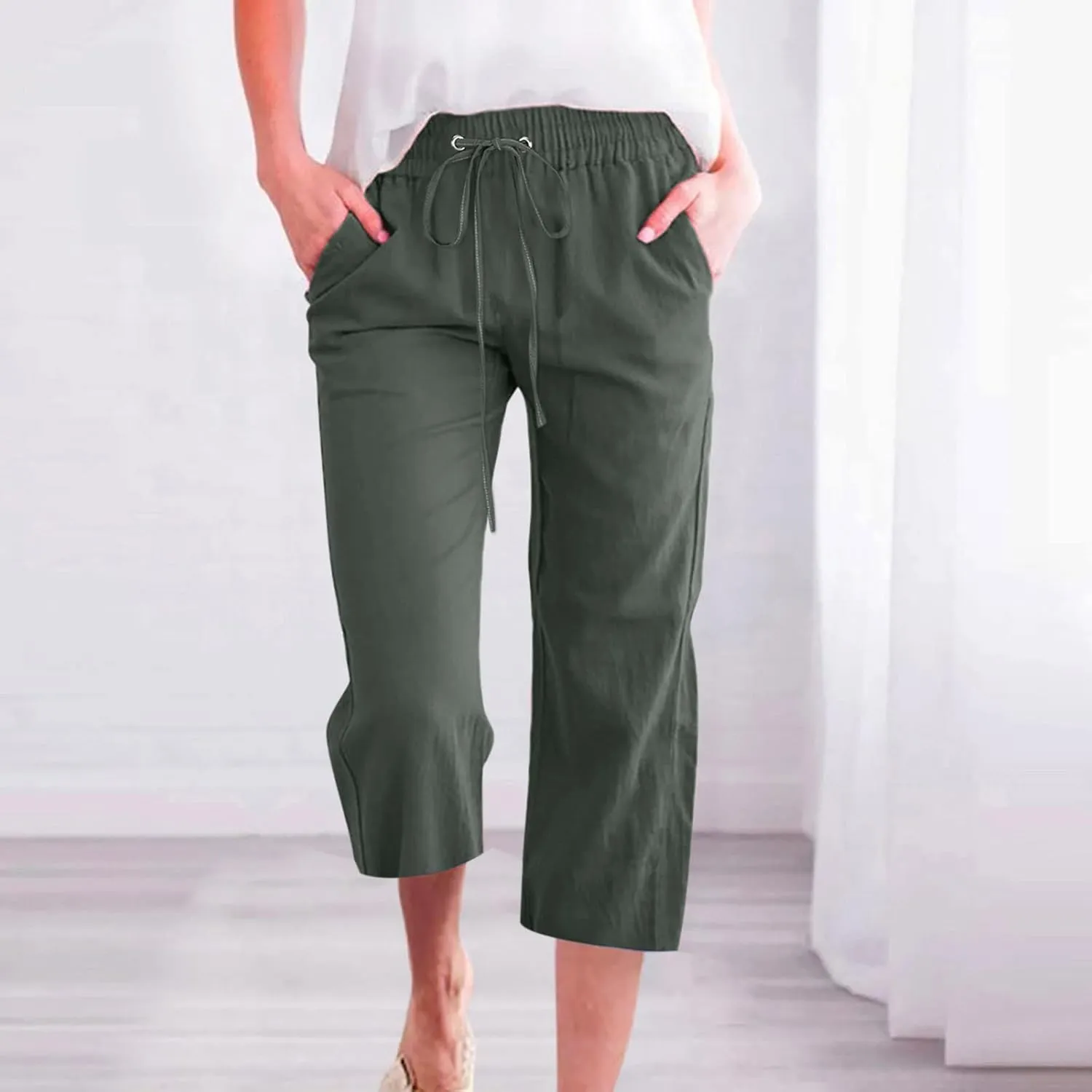 RKSTN Summer Capri Pants for Women Casual Cotton Linen Pants Straight Leg Vacation Beach Crop Pant with Pockets