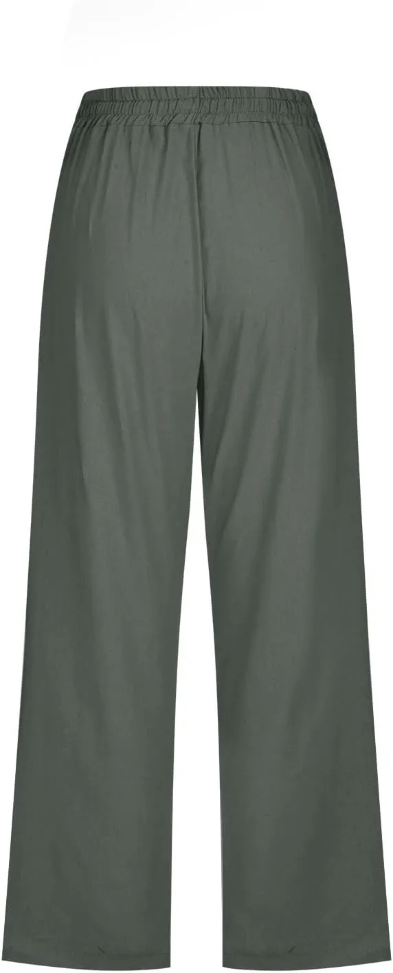 RKSTN Summer Capri Pants for Women Casual Cotton Linen Pants Straight Leg Vacation Beach Crop Pant with Pockets