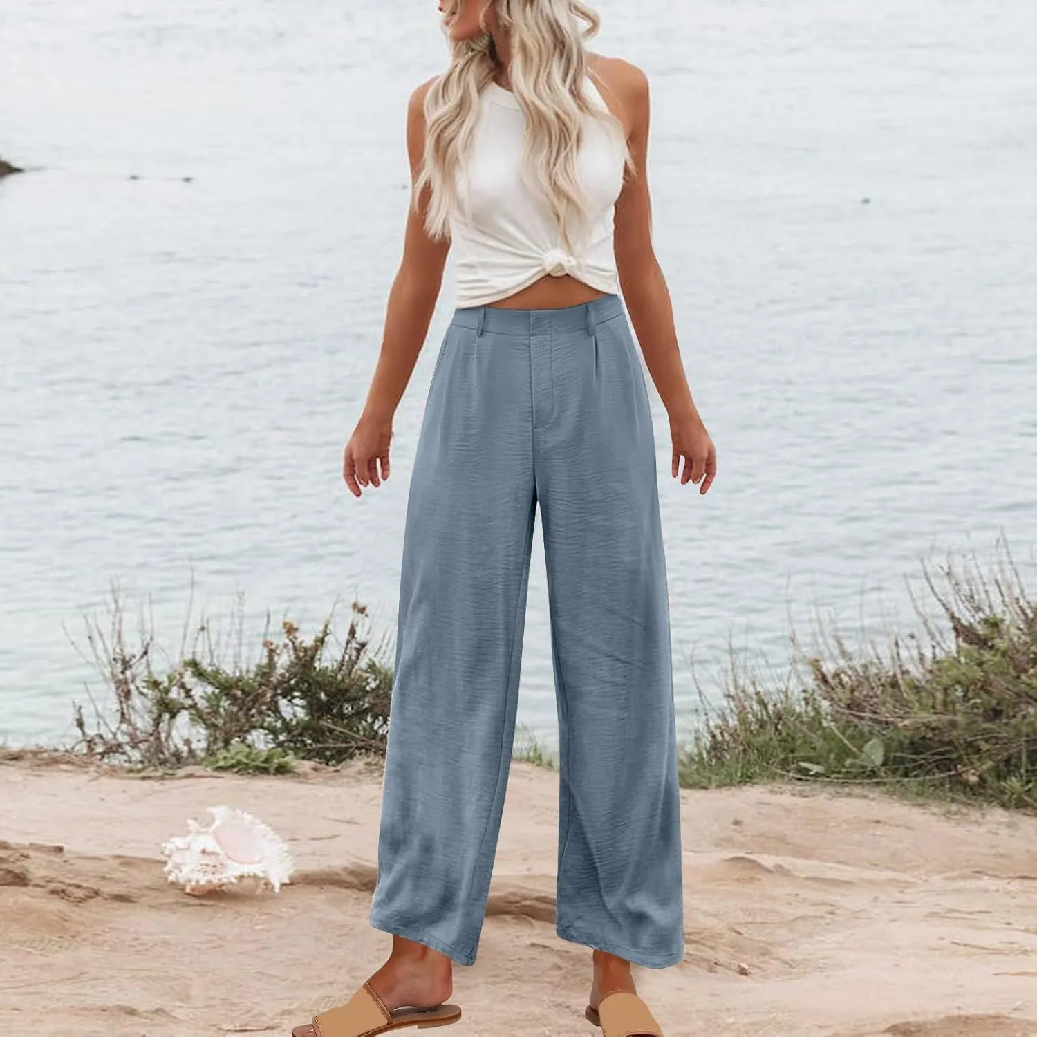 RKSTN Womens Loose Wide Leg Pants High Waist Straight Pants Casual Work Dress Pant Plain Trouser Pants with Pockets