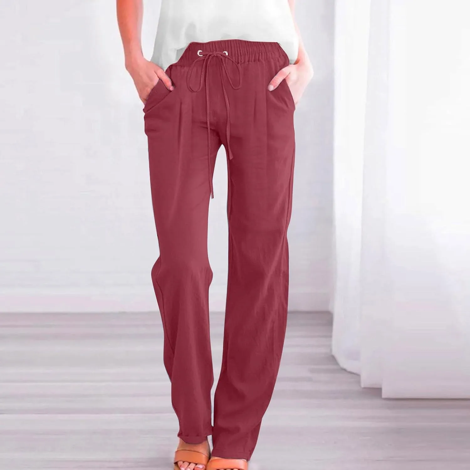 Slim Straight Leg Linen Pants for Women Summer Pants Elastic High Waist Drawstring Beach Trouser Business Work Slacks