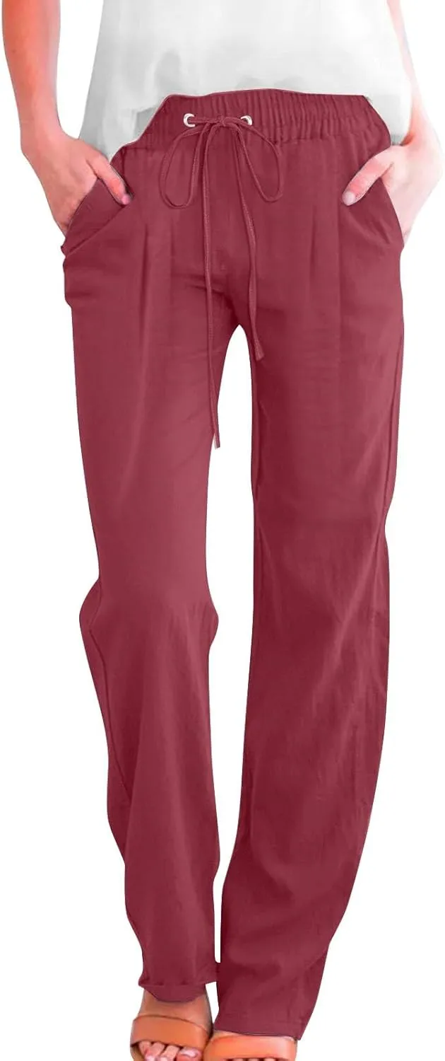 Slim Straight Leg Linen Pants for Women Summer Pants Elastic High Waist Drawstring Beach Trouser Business Work Slacks