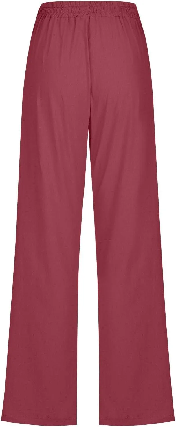 Slim Straight Leg Linen Pants for Women Summer Pants Elastic High Waist Drawstring Beach Trouser Business Work Slacks