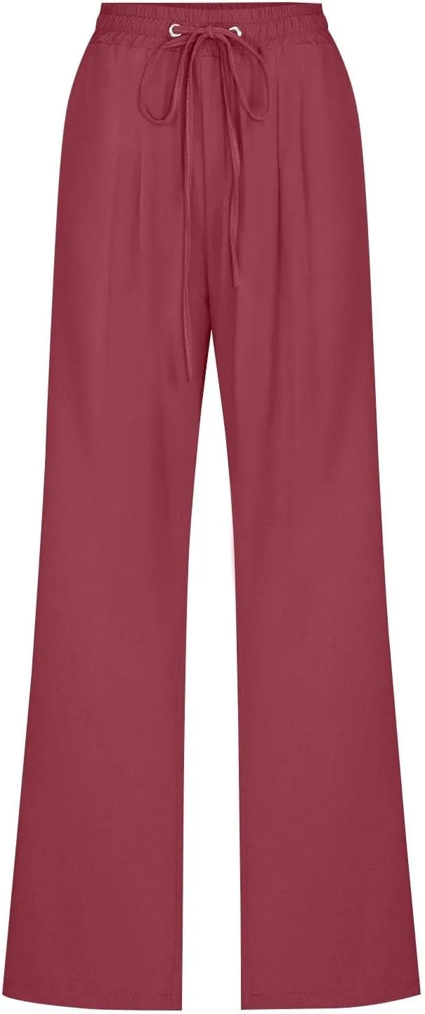 Slim Straight Leg Linen Pants for Women Summer Pants Elastic High Waist Drawstring Beach Trouser Business Work Slacks