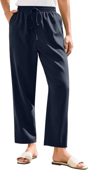 Solid Pants for Women Cotton Drawstring Elastic High Waist Pant Summer Work Vacation Trousers with Pockets