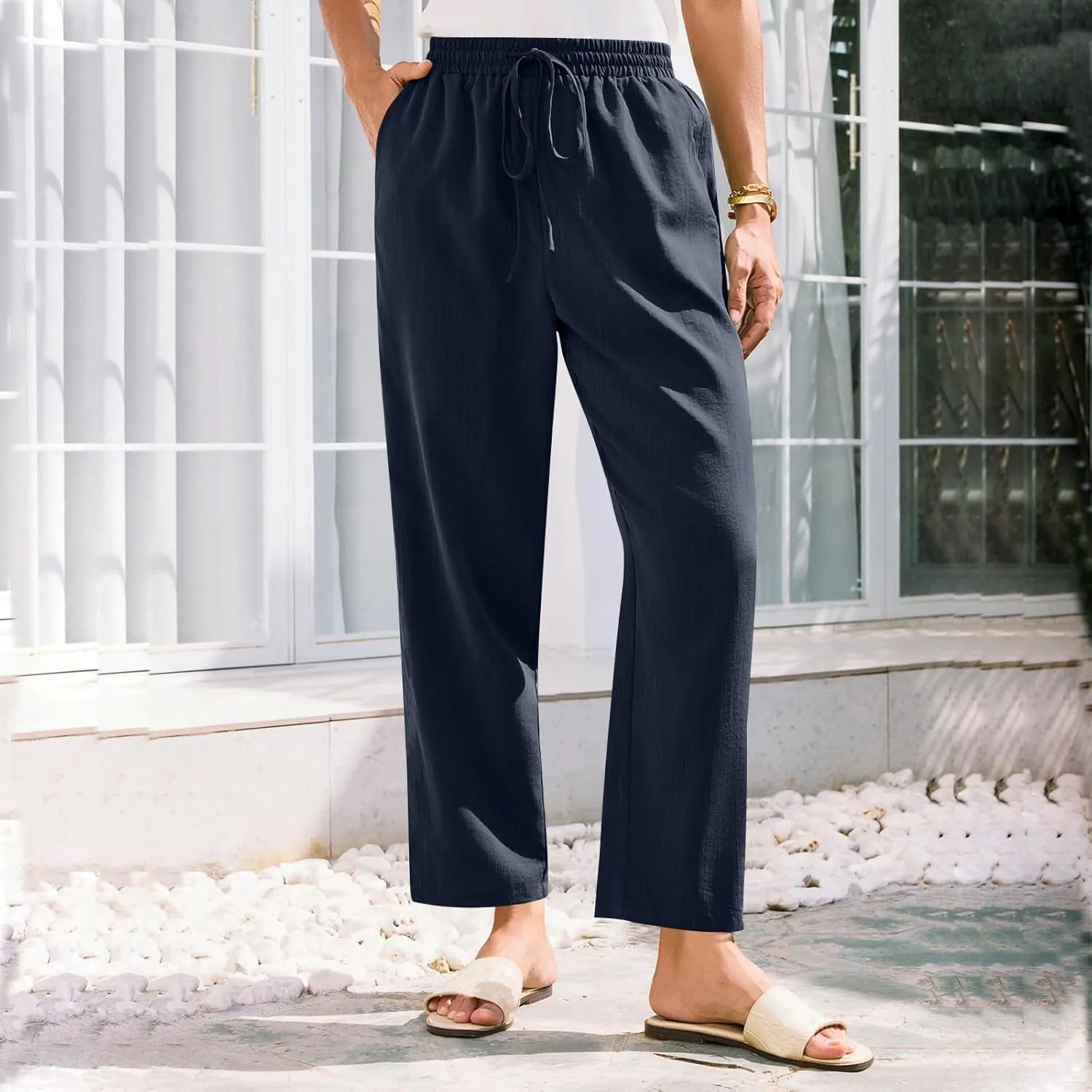 Solid Pants for Women Cotton Drawstring Elastic High Waist Pant Summer Work Vacation Trousers with Pockets