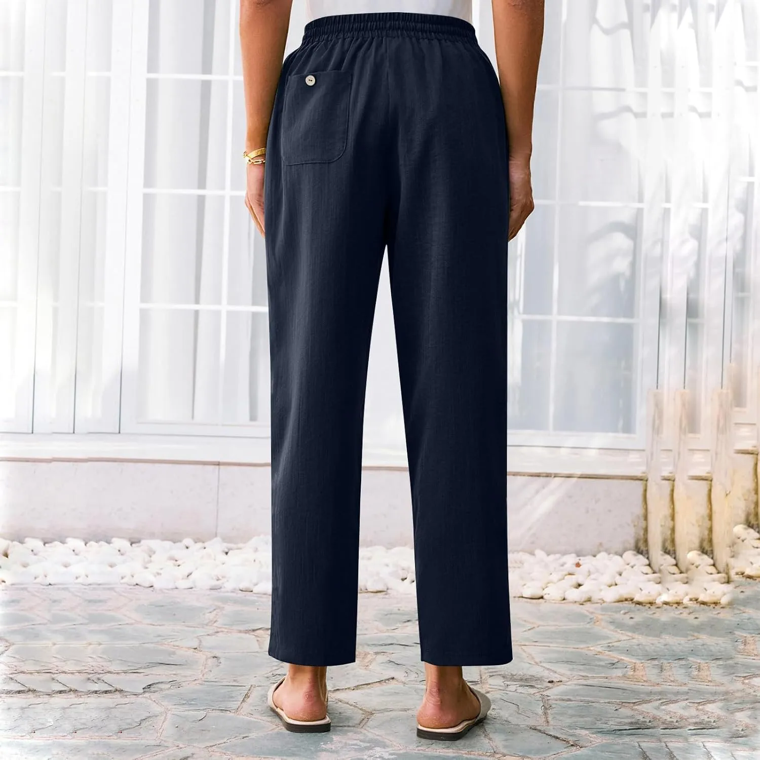 Solid Pants for Women Cotton Drawstring Elastic High Waist Pant Summer Work Vacation Trousers with Pockets
