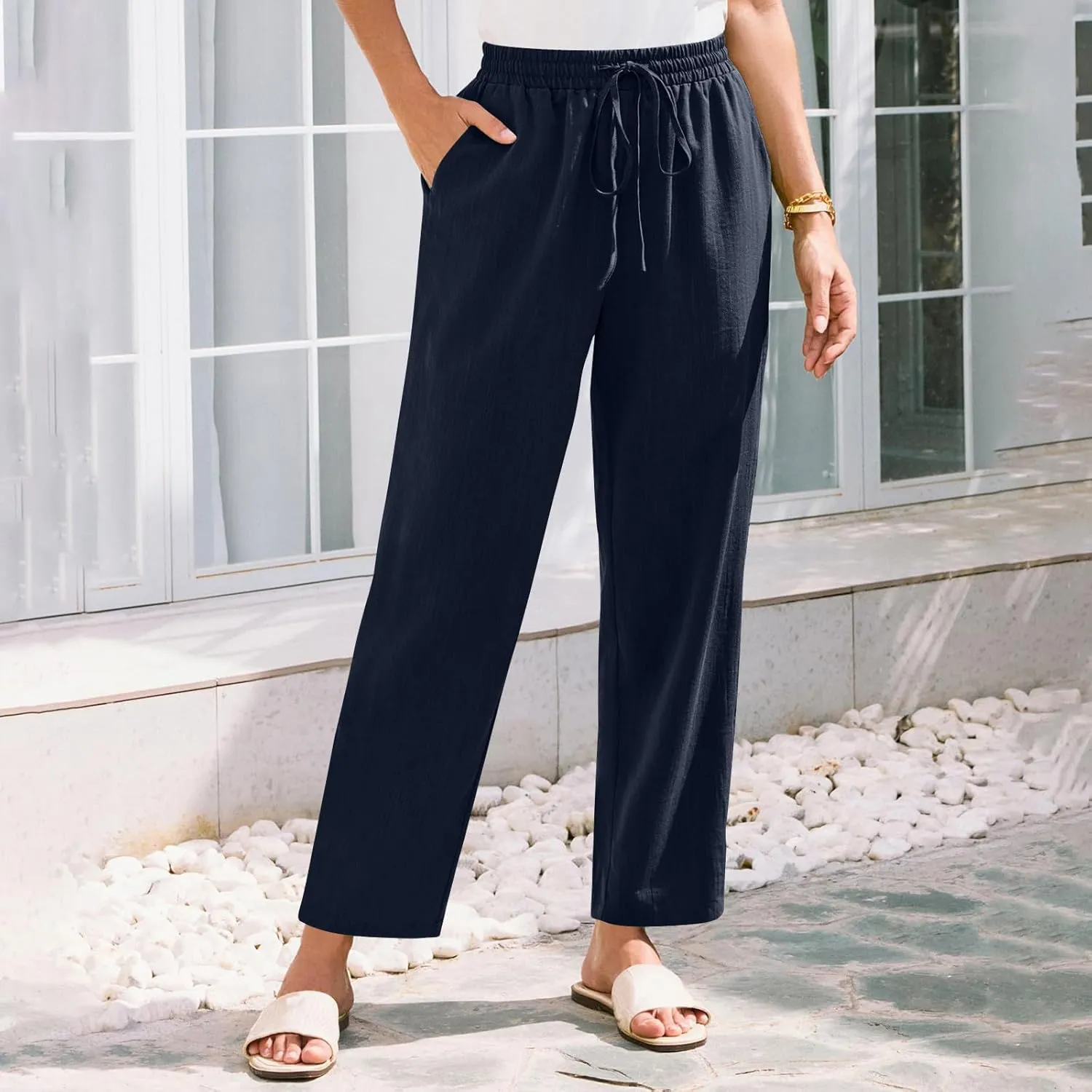 Solid Pants for Women Cotton Drawstring Elastic High Waist Pant Summer Work Vacation Trousers with Pockets