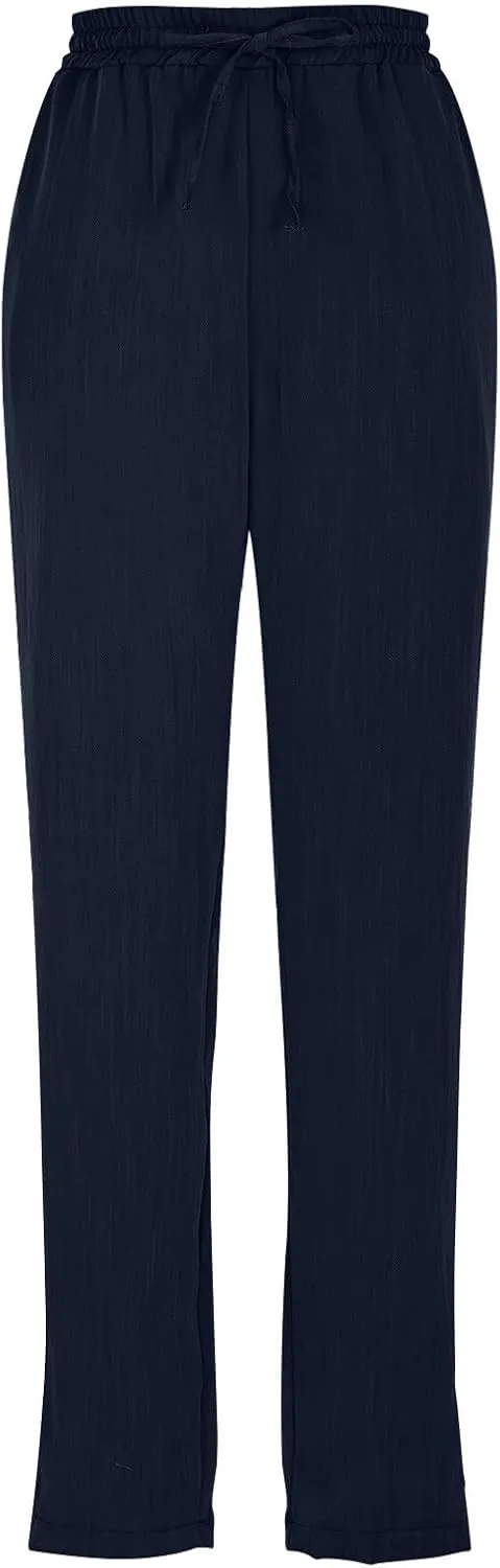 Solid Pants for Women Cotton Drawstring Elastic High Waist Pant Summer Work Vacation Trousers with Pockets