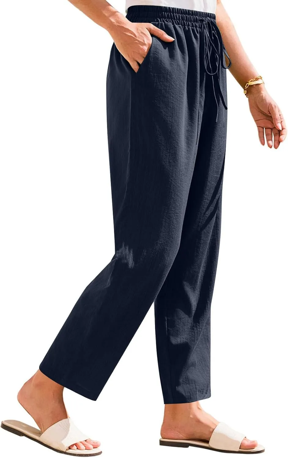 Solid Pants for Women Cotton Drawstring Elastic High Waist Pant Summer Work Vacation Trousers with Pockets