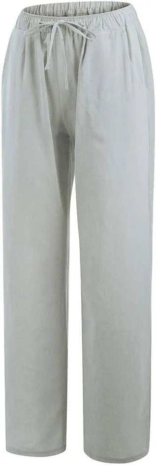 Straight Fit Linen Pants for Women Elastic Waist Trousers Loose Fit Comfort Pants Summer Pants with Pocket