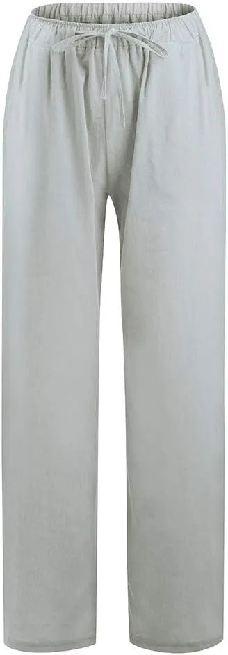 Straight Fit Linen Pants for Women Elastic Waist Trousers Loose Fit Comfort Pants Summer Pants with Pocket