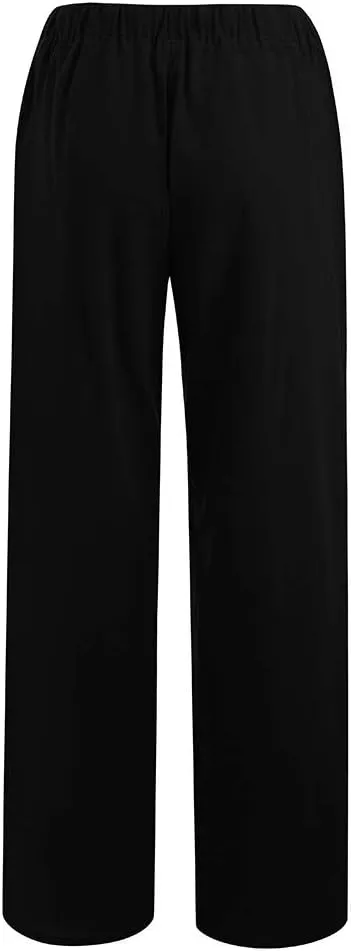 Straight Fit Linen Pants for Women Elastic Waist Trousers Loose Fit Comfort Pants Summer Pants with Pocket