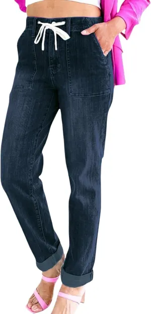 Straight Leg Jeans for Women Drawstring Elastic High Waist Pull On Jeans Baggy Casual Boyfriend Denim Pants Trousers