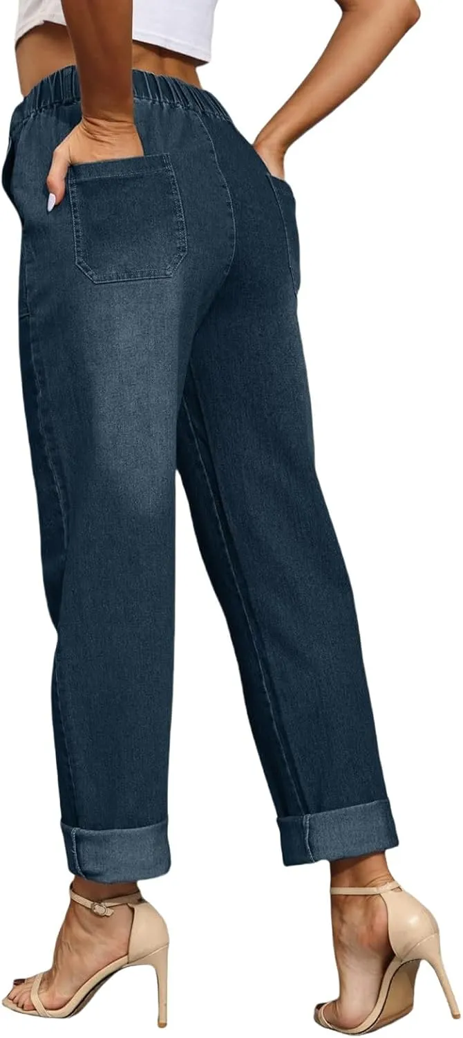 Straight Leg Jeans for Women Drawstring Elastic High Waist Pull On Jeans Baggy Casual Boyfriend Denim Pants Trousers