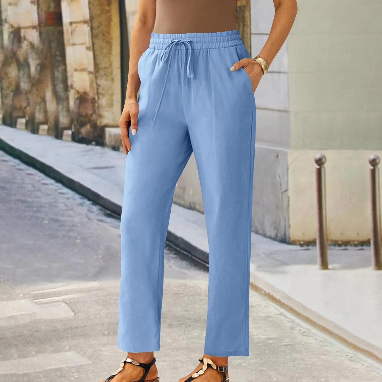 Straight Leg Linen Pants for Women Soft Casual Drawstring Tie Elastic Waist Loose Pant Pocketed Summer Beach Trouser