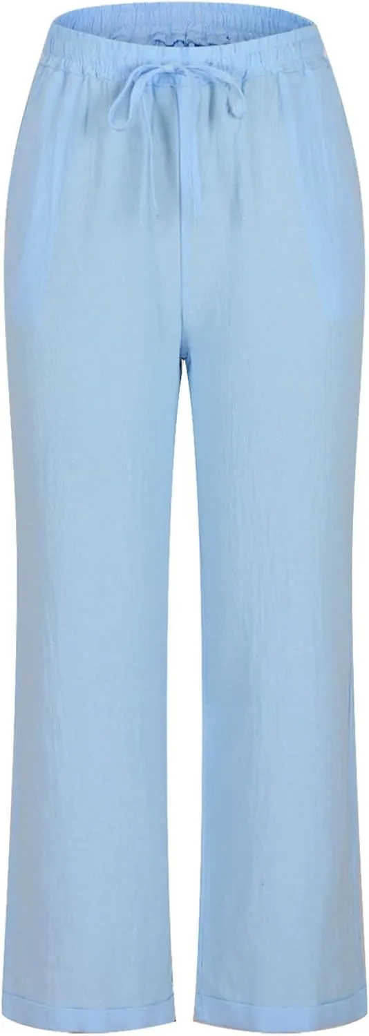 Straight Leg Linen Pants for Women Soft Casual Drawstring Tie Elastic Waist Loose Pant Pocketed Summer Beach Trouser