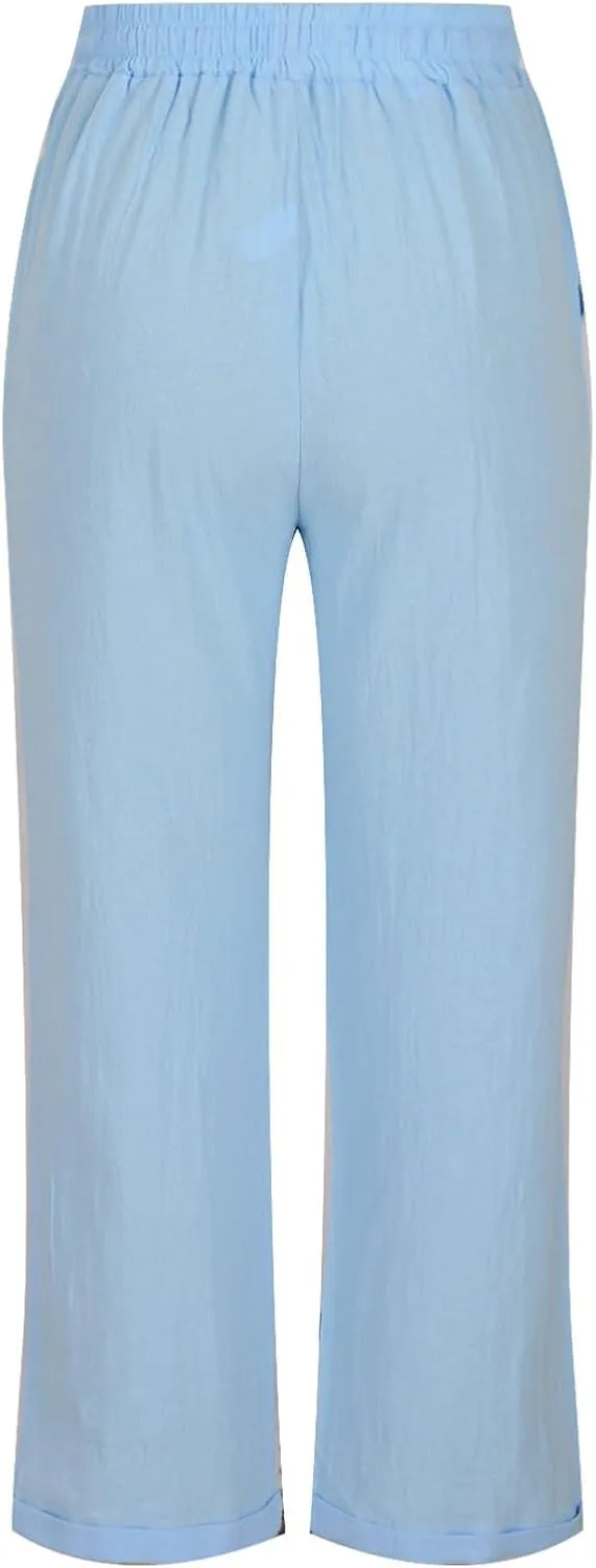Straight Leg Linen Pants for Women Soft Casual Drawstring Tie Elastic Waist Loose Pant Pocketed Summer Beach Trouser