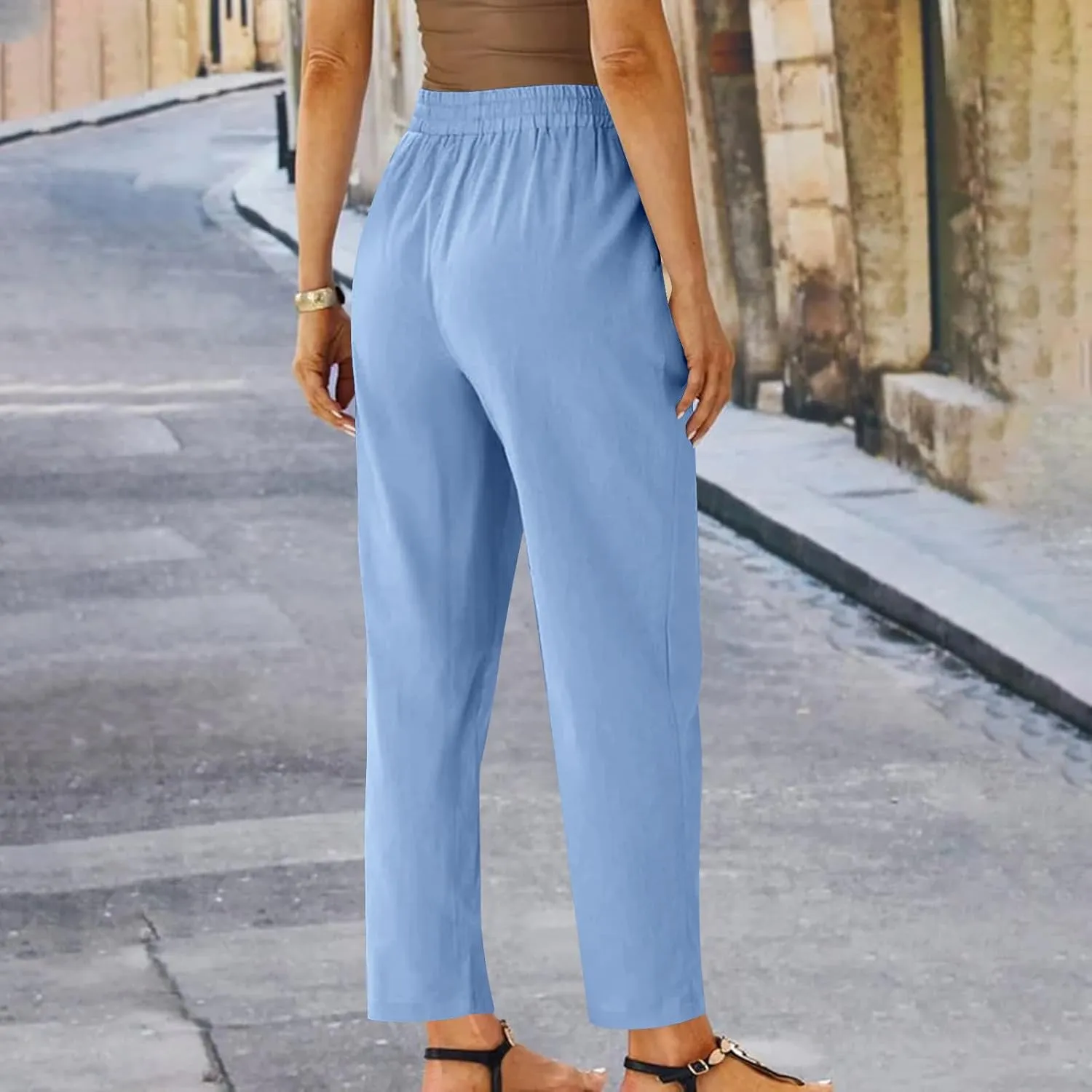 Straight Leg Linen Pants for Women Soft Casual Drawstring Tie Elastic Waist Loose Pant Pocketed Summer Beach Trouser
