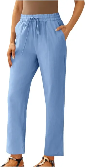 Straight Leg Linen Pants for Women Soft Casual Drawstring Tie Elastic Waist Loose Pant Pocketed Summer Beach Trouser