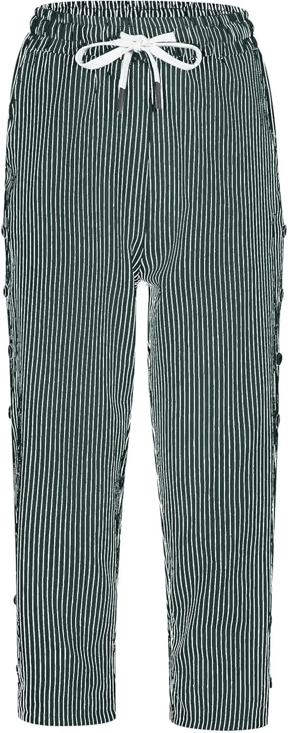 Striped Linen Pants Women Casual Capri Pants Loose Spring Summer Lightweight Drawstring Side Button Pants with Pockets