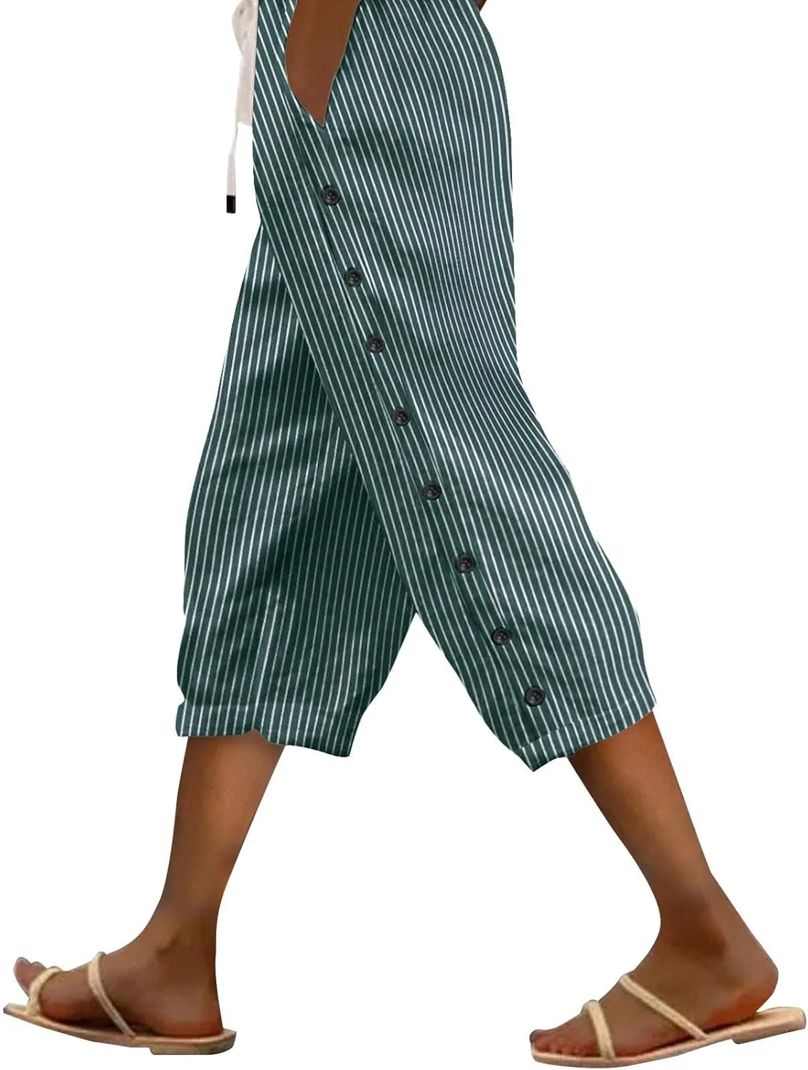 Striped Linen Pants Women Casual Capri Pants Loose Spring Summer Lightweight Drawstring Side Button Pants with Pockets