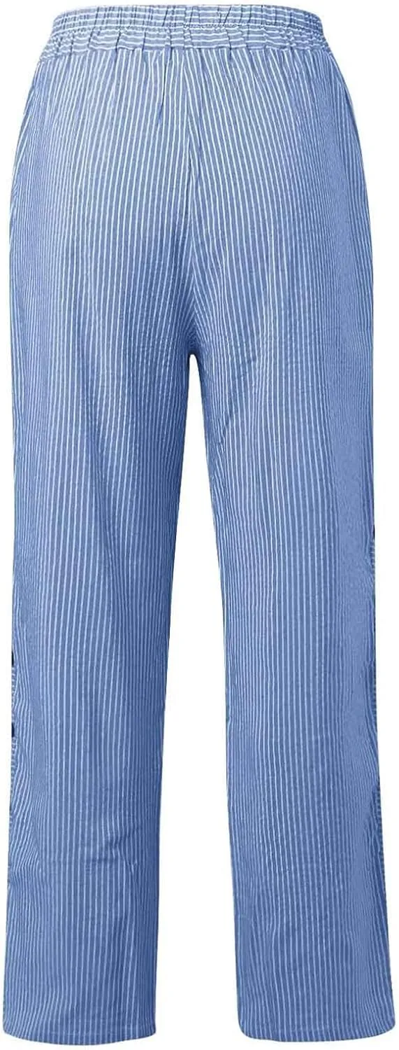 Striped Pants for Women Baggy Side Button Slit Elastic High Waisted Pants Wide Leg Loose Lounge Trouser with Pockets