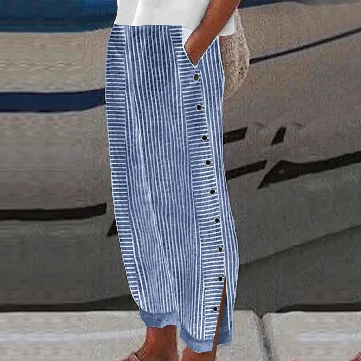 Striped Pants for Women Baggy Side Button Slit Elastic High Waisted Pants Wide Leg Loose Lounge Trouser with Pockets