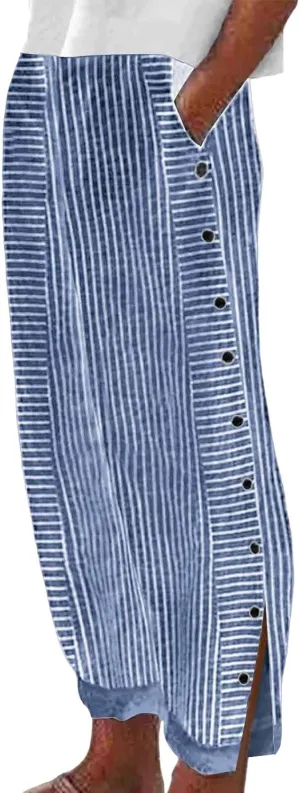 Striped Pants for Women Baggy Side Button Slit Elastic High Waisted Pants Wide Leg Loose Lounge Trouser with Pockets