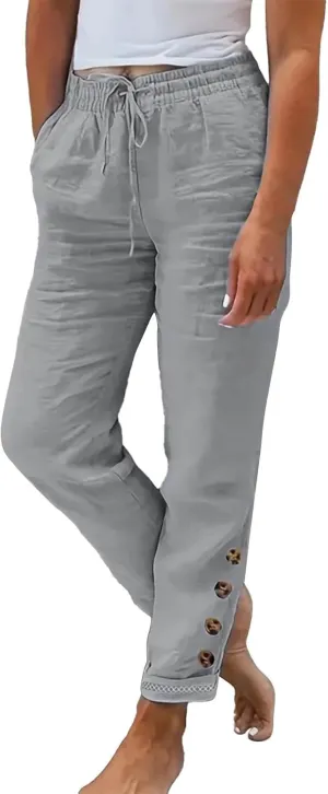Summer Drawstring Casual Lounge Pant Cotton and Linen Wide Leg Pants Flowy Wide Leg Beach Pants with Pockets Women