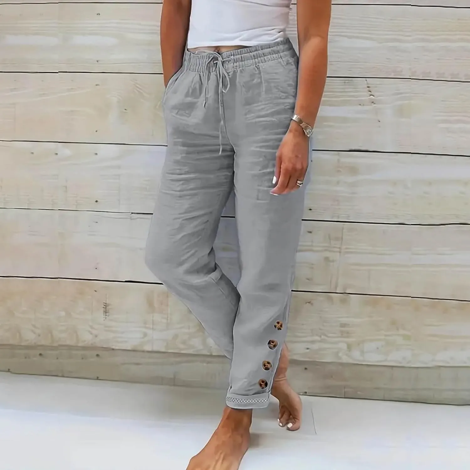 Summer Drawstring Casual Lounge Pant Cotton and Linen Wide Leg Pants Flowy Wide Leg Beach Pants with Pockets Women