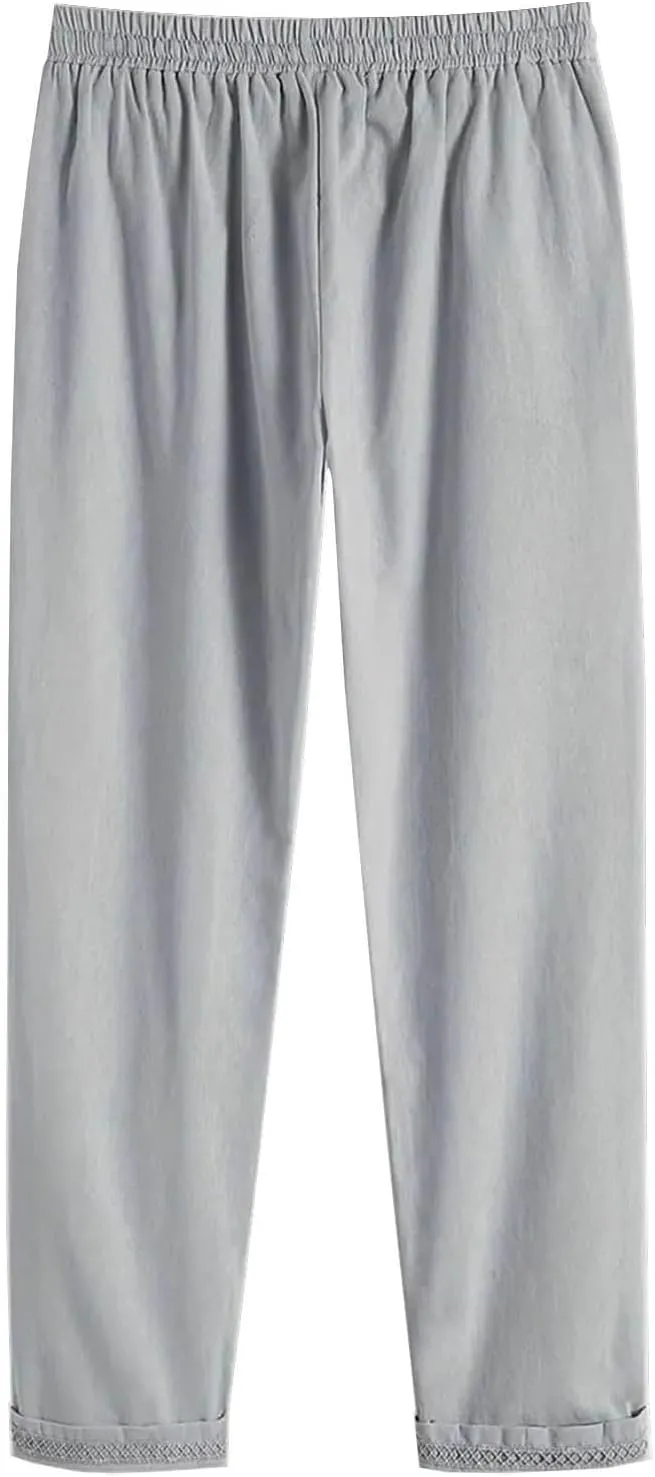 Summer Drawstring Casual Lounge Pant Cotton and Linen Wide Leg Pants Flowy Wide Leg Beach Pants with Pockets Women