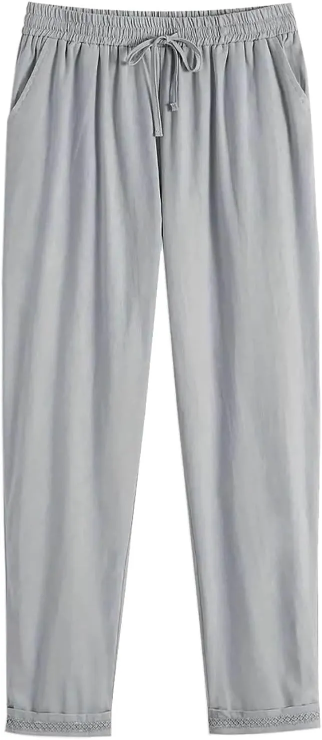 Summer Drawstring Casual Lounge Pant Cotton and Linen Wide Leg Pants Flowy Wide Leg Beach Pants with Pockets Women