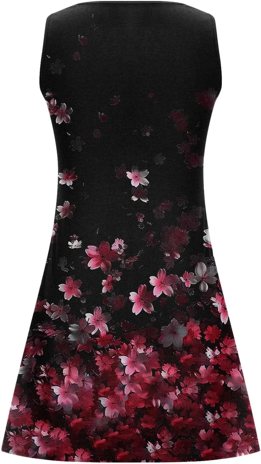 Summer Shirt Dress Women V-Neck Floral Graphic A-Line Boho Tank Dresses Sleeveless Beach Sundress Casual Outfit