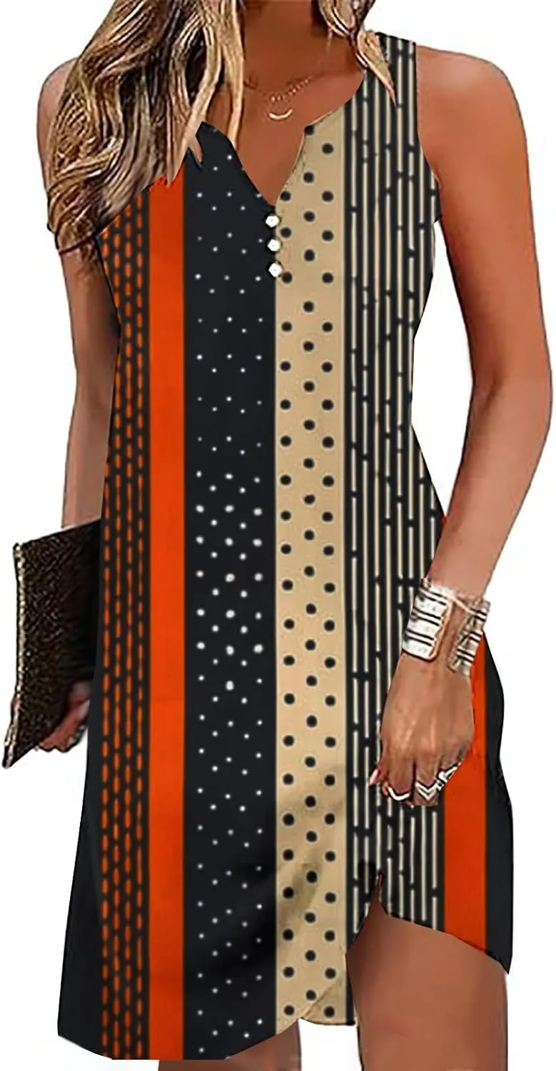 Summer Shirt Dress Women V-Neck Floral Graphic A-Line Boho Tank Dresses Sleeveless Beach Sundress Casual Outfit