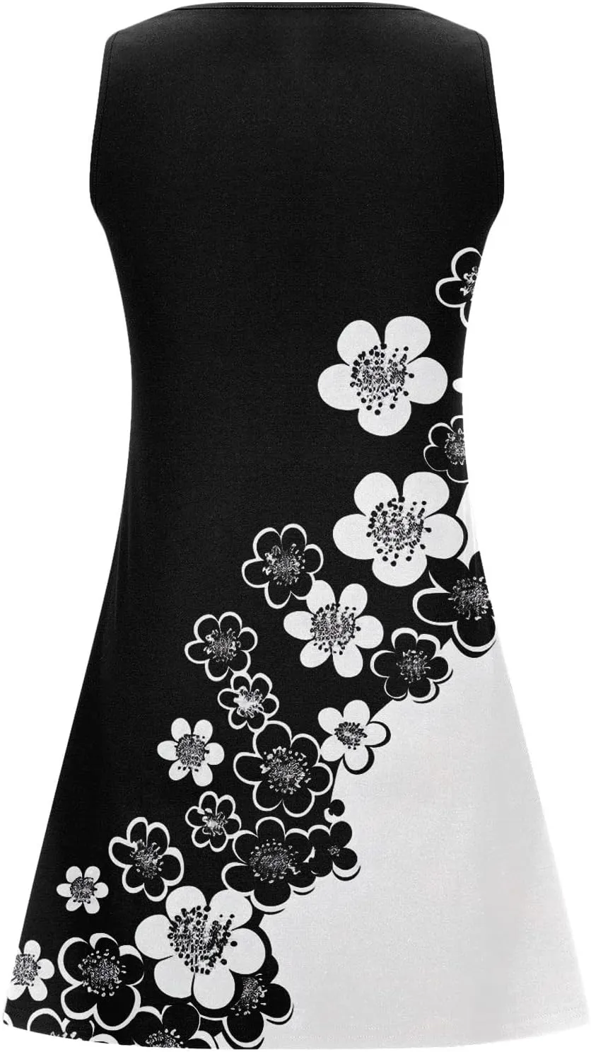 Summer Shirt Dress Women V-Neck Floral Graphic A-Line Boho Tank Dresses Sleeveless Beach Sundress Casual Outfit