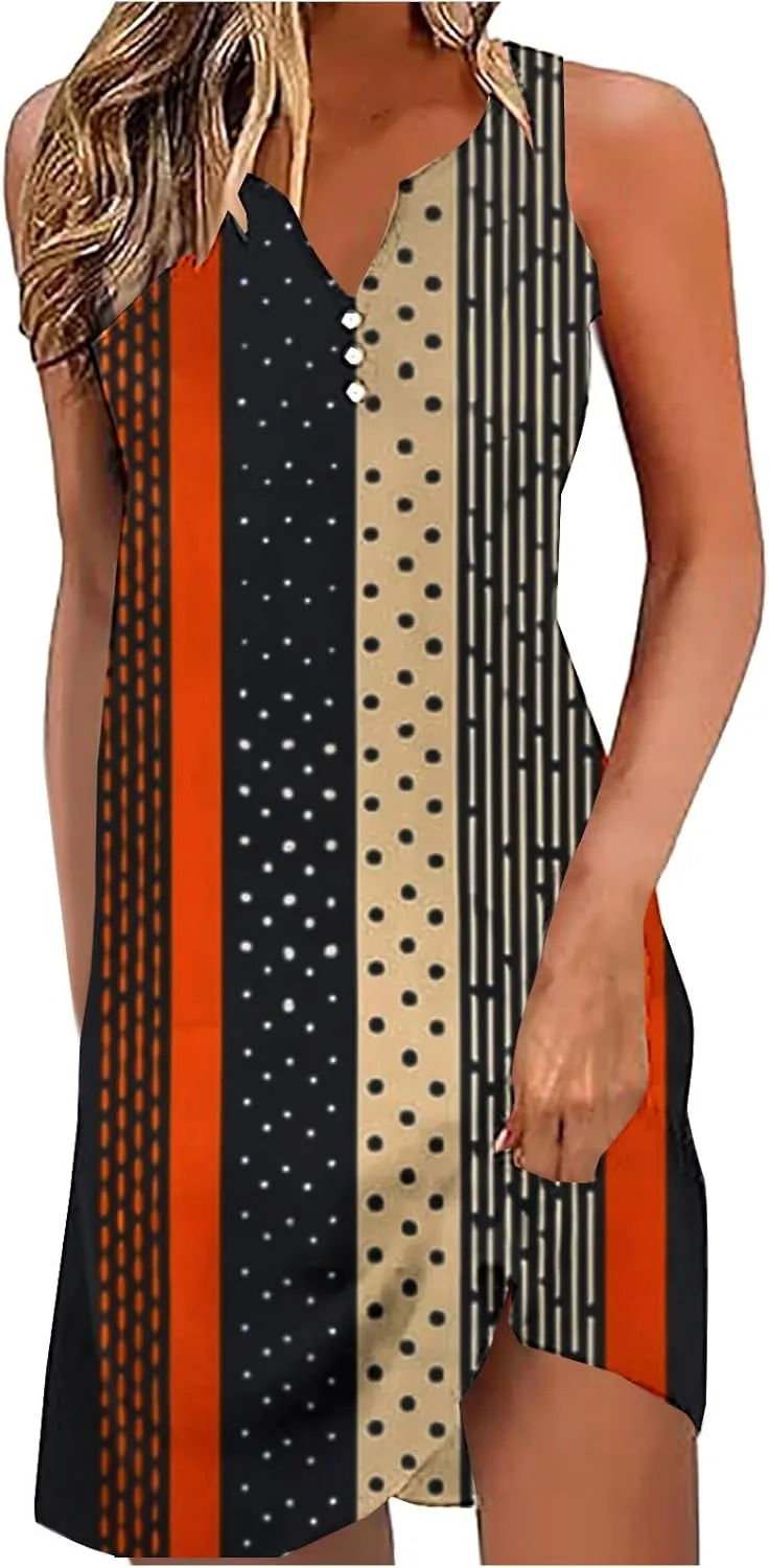 Summer Shirt Dress Women V-Neck Floral Graphic A-Line Boho Tank Dresses Sleeveless Beach Sundress Casual Outfit