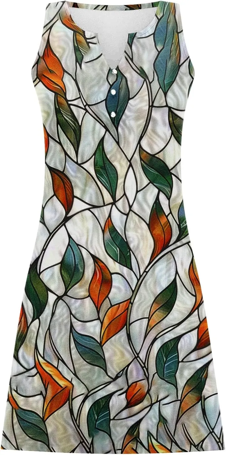 Summer Shirt Dress Women V-Neck Floral Graphic A-Line Boho Tank Dresses Sleeveless Beach Sundress Casual Outfit
