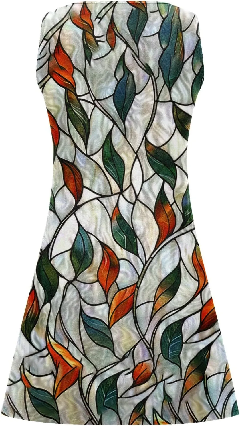 Summer Shirt Dress Women V-Neck Floral Graphic A-Line Boho Tank Dresses Sleeveless Beach Sundress Casual Outfit