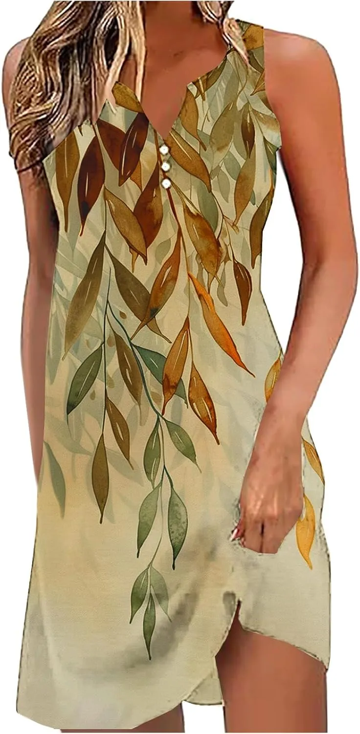 Summer Shirt Dress Women V-Neck Floral Graphic A-Line Boho Tank Dresses Sleeveless Beach Sundress Casual Outfit