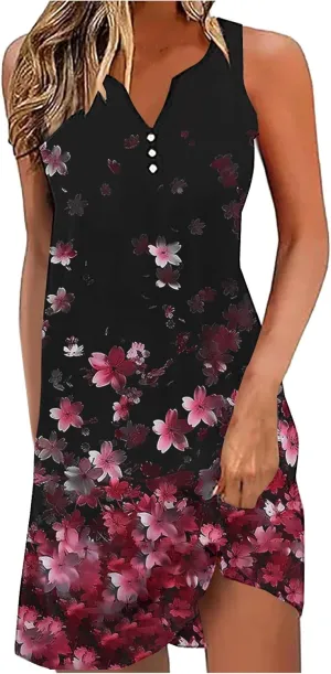 Summer Shirt Dress Women V-Neck Floral Graphic A-Line Boho Tank Dresses Sleeveless Beach Sundress Casual Outfit