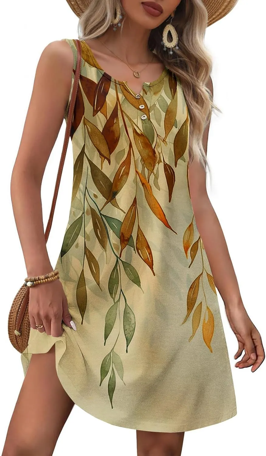 Summer Shirt Dress Women V-Neck Floral Graphic A-Line Boho Tank Dresses Sleeveless Beach Sundress Casual Outfit