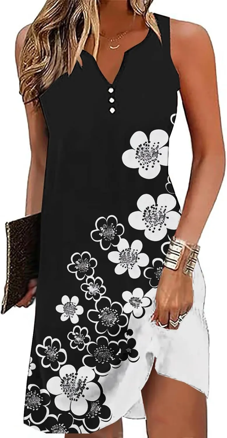 Summer Shirt Dress Women V-Neck Floral Graphic A-Line Boho Tank Dresses Sleeveless Beach Sundress Casual Outfit