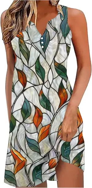 Summer Shirt Dress Women V-Neck Floral Graphic A-Line Boho Tank Dresses Sleeveless Beach Sundress Casual Outfit