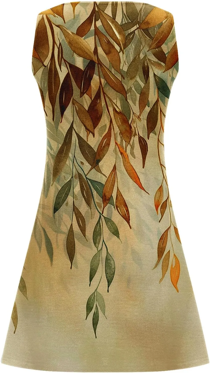 Summer Shirt Dress Women V-Neck Floral Graphic A-Line Boho Tank Dresses Sleeveless Beach Sundress Casual Outfit