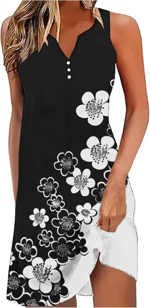 Summer Shirt Dress Women V-Neck Floral Graphic A-Line Boho Tank Dresses Sleeveless Beach Sundress Casual Outfit