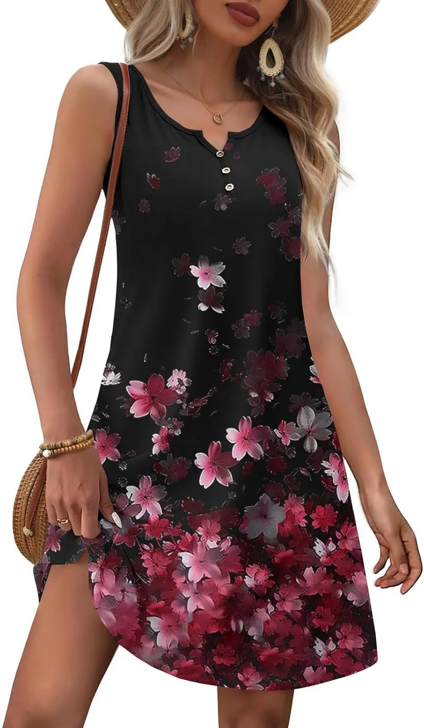 Summer Shirt Dress Women V-Neck Floral Graphic A-Line Boho Tank Dresses Sleeveless Beach Sundress Casual Outfit