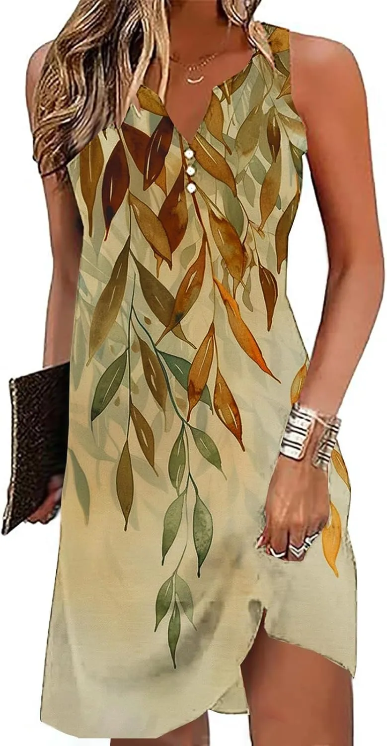 Summer Shirt Dress Women V-Neck Floral Graphic A-Line Boho Tank Dresses Sleeveless Beach Sundress Casual Outfit