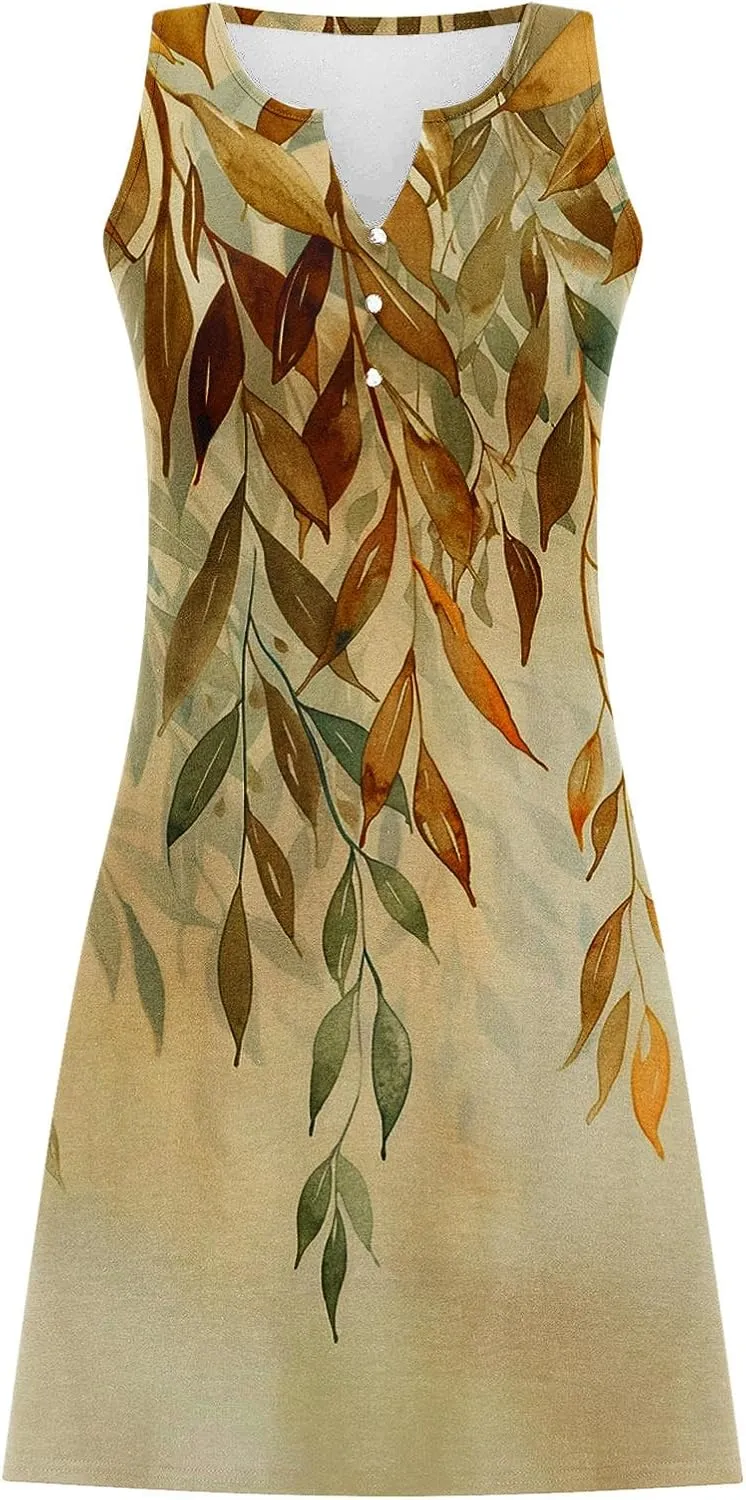 Summer Shirt Dress Women V-Neck Floral Graphic A-Line Boho Tank Dresses Sleeveless Beach Sundress Casual Outfit