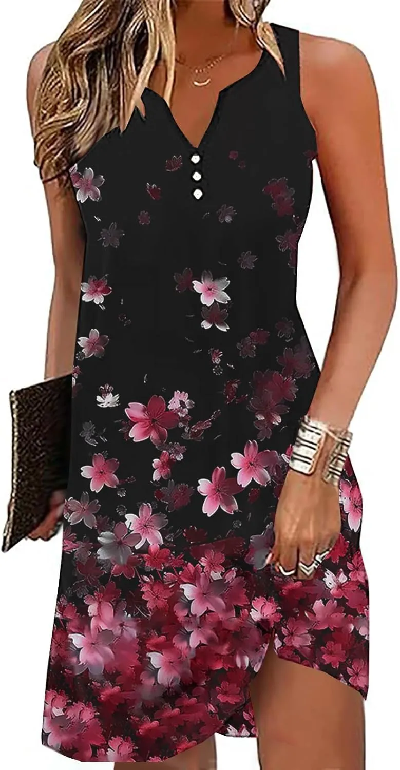 Summer Shirt Dress Women V-Neck Floral Graphic A-Line Boho Tank Dresses Sleeveless Beach Sundress Casual Outfit